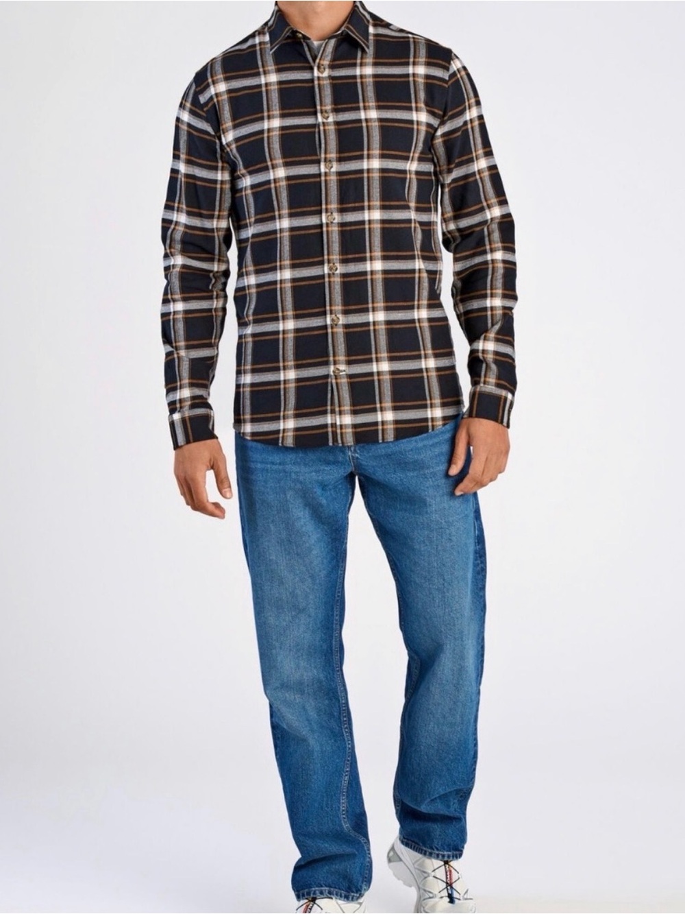 Ben Sherman Flannel Black White Burnt Orange Plaid Cotton Button-Down Shirt XL